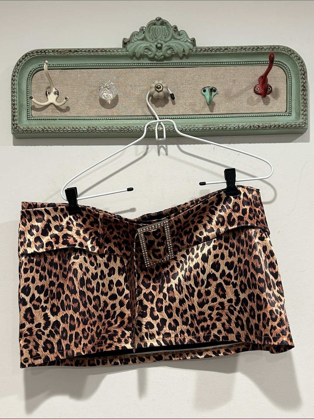 Dolls Kill Generation Kiss Leopard Print Satin Mini Skirt Rhinestone Buckle belt